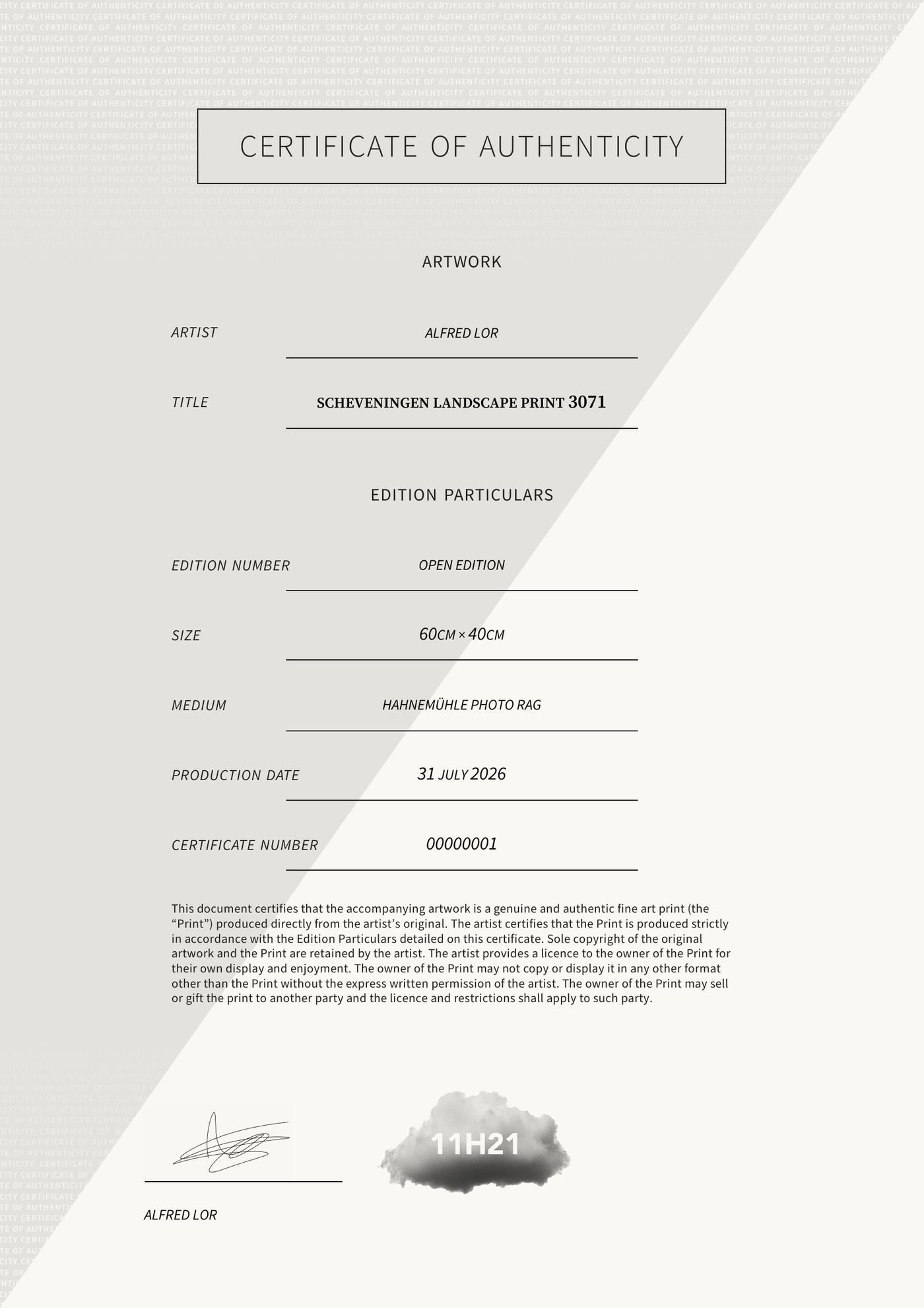 Scheveningen Landscape Print 3071 — Certificate of Authenticity