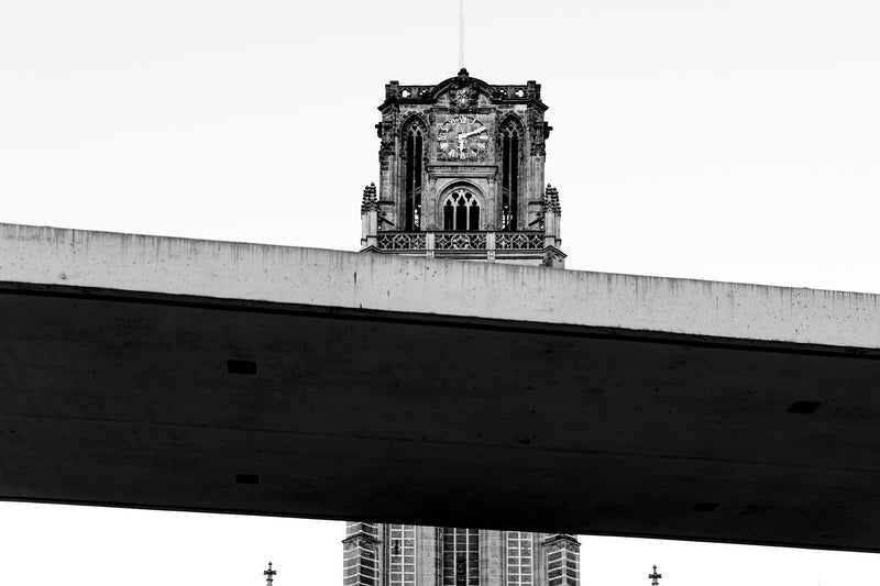 A urban street scape in black and white.
