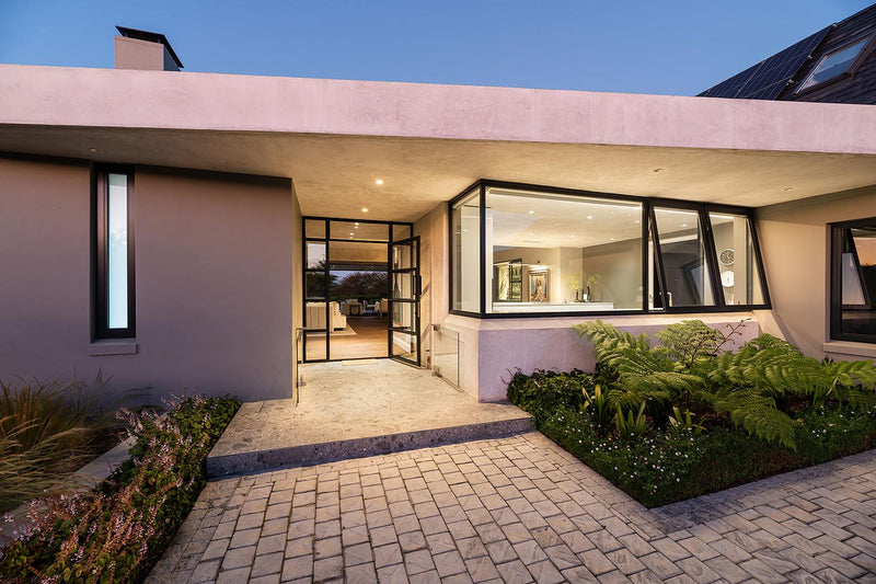 Modern architectural shot of modern villa front facade.