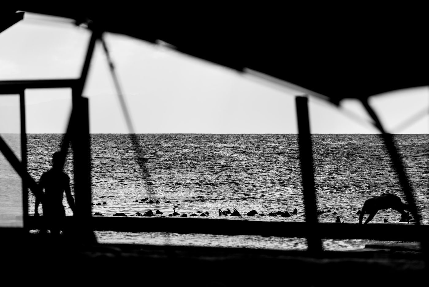 Swimmers in backlit black and white scene at Kalk Bay tidal pool.