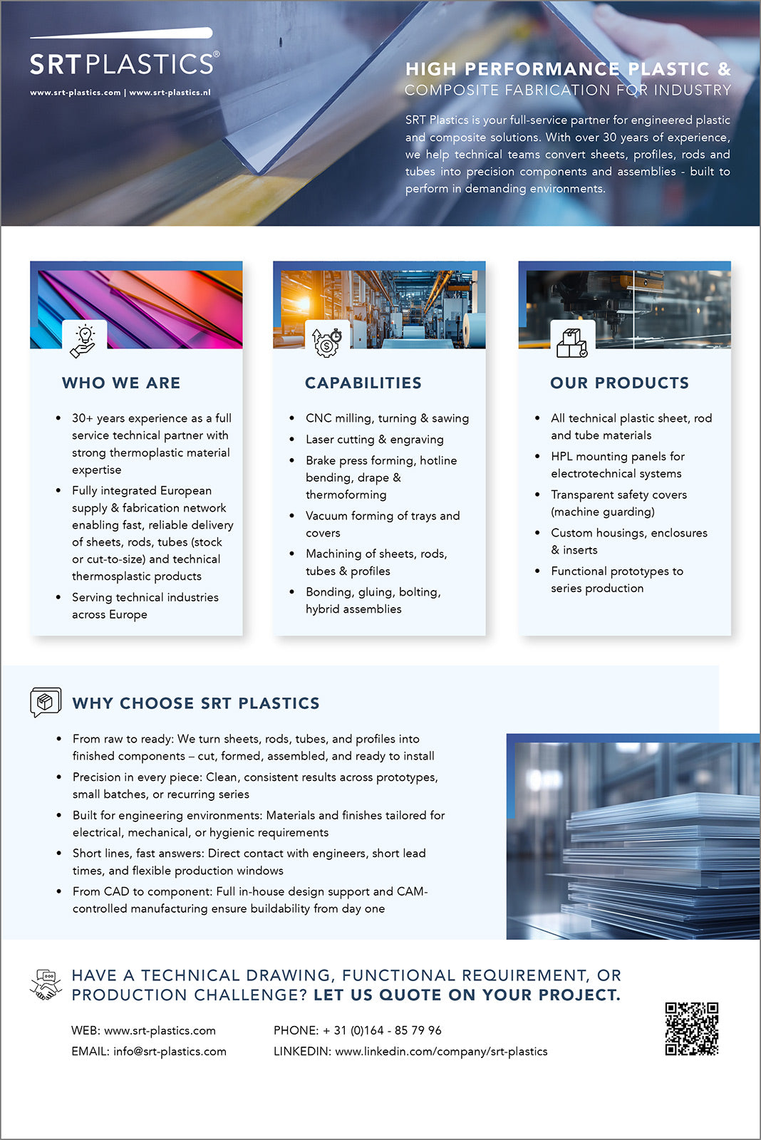 SRT Plastics promotional flyer with text and images about their capabilities and products.