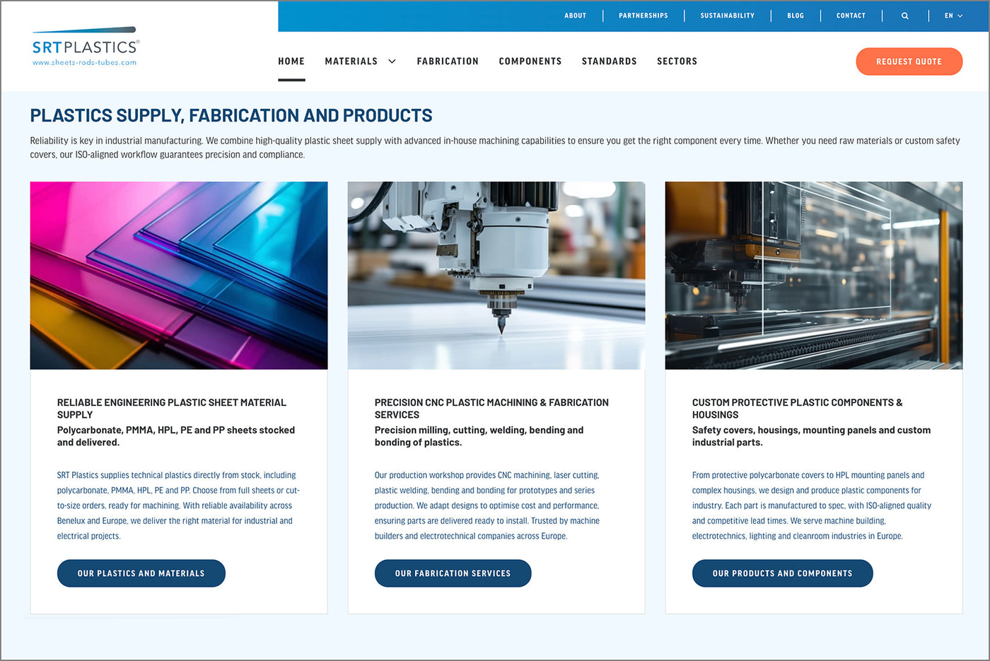 SRT Plastics website homepage with text and images of a machine and colorful materials.