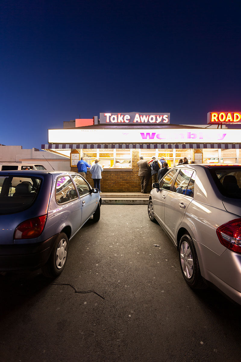 Twilight shot of road house for travel editorial feature.